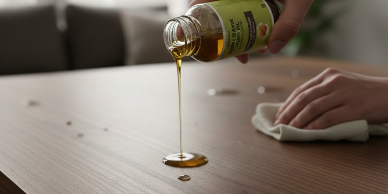 aplicación de aceite de tung sobre una mesa de madera de roble