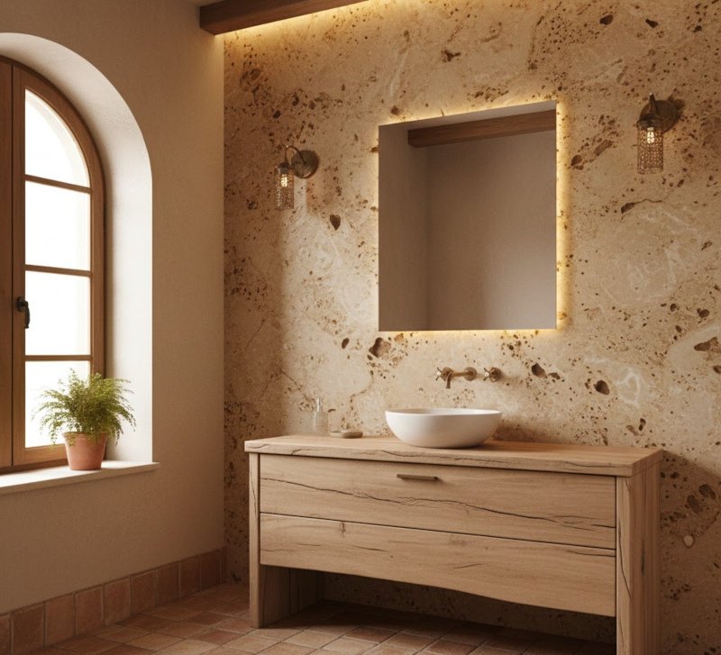 baño de estilo rustico marmol travertino poroso y madera abeto.jpg