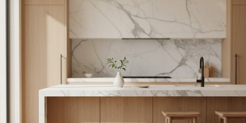 cocina nórdica minimalista con marmol claro y madera fresno.jpg