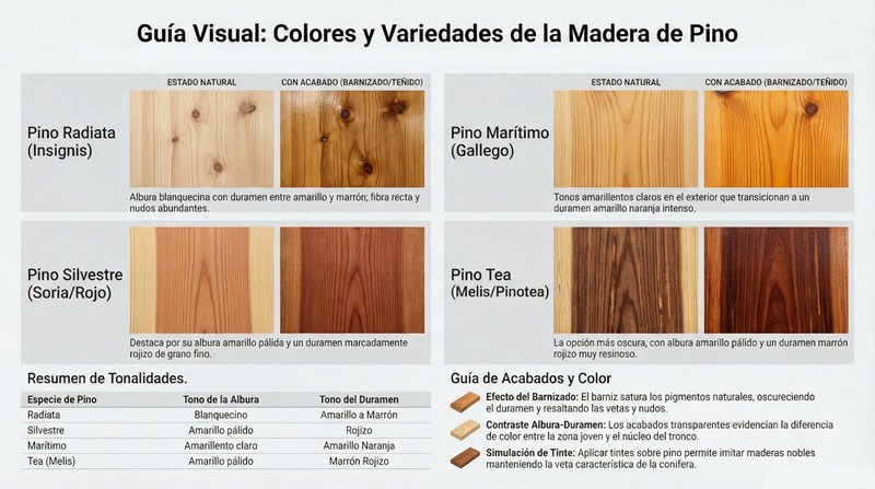 infografia sobre la variación del color de la madera de pino
