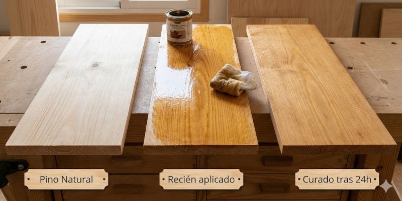 comparativa de color del aceite de linaza sobre madera de pino