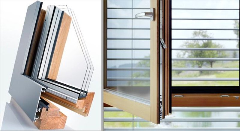 Ventana mixta de aluminio y madera con acabado en roble